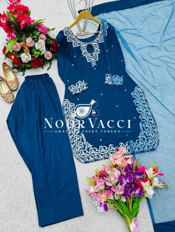 Buy Pure Natural Crepe Satin Embroidered Top with Farshi & Dupatta Set - Image 4