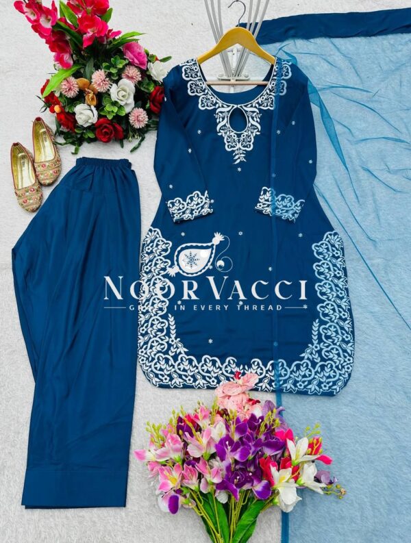 Buy Pure Natural Crepe Satin Embroidered Top with Farshi & Dupatta Set - Image 3