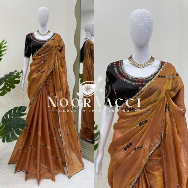 Buy Fendy Silk Saree with Thread and Sequence Work & Gold Crush Blouse - Image 5