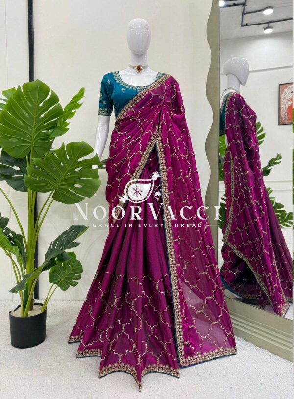 Buy Jimmy Chu Saree with Thread and Sequence Work & Mono Benglori Blouse - Image 4