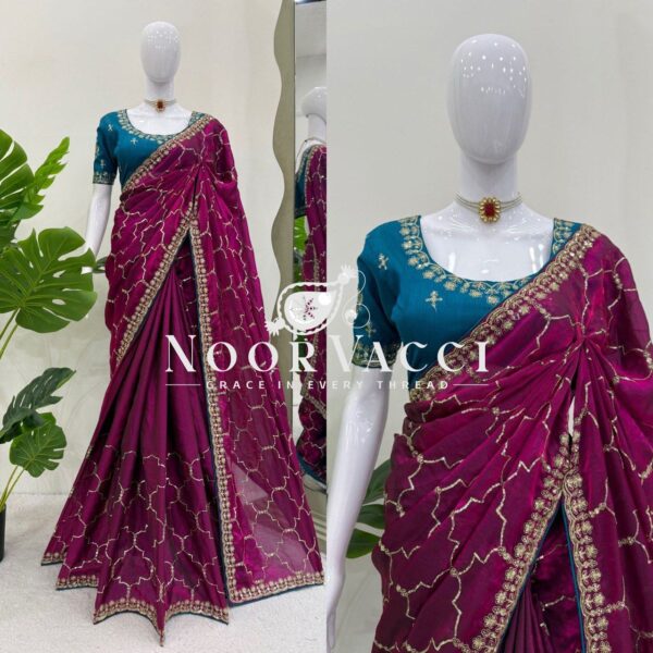 Buy Jimmy Chu Saree with Thread and Sequence Work & Mono Benglori Blouse - Image 5
