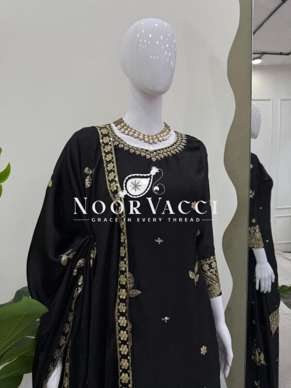 Shop Chinon Silk Embroidered Suit with Plazoo and Dupatta - Image 3