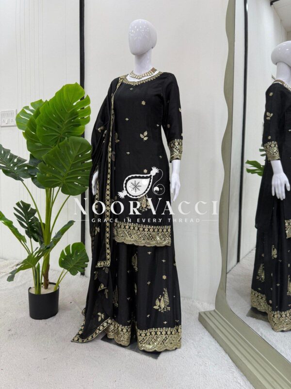 Shop Chinon Silk Embroidered Suit with Plazoo and Dupatta - Image 2