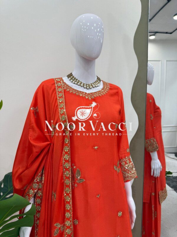 Buy Chinon Silk Embroidered Suit with Plazoo and Dupatta - Image 6