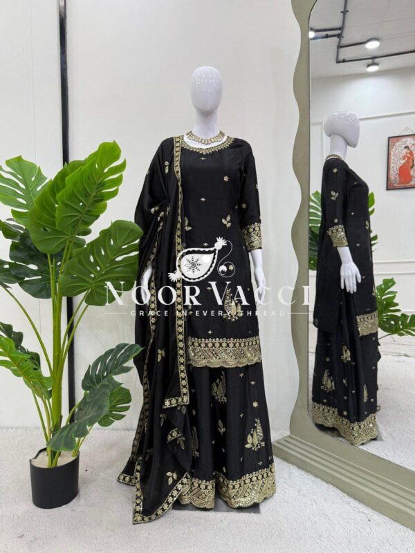 Shop Chinon Silk Embroidered Suit with Plazoo and Dupatta