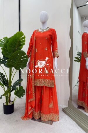 Buy Chinon Silk Embroidered Suit with Plazoo and Dupatta
