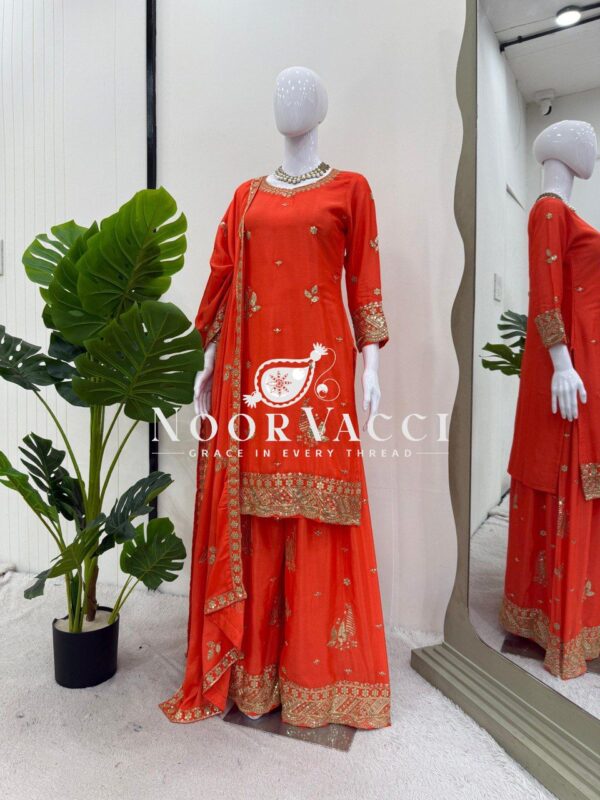Buy Chinon Silk Embroidered Suit with Plazoo and Dupatta