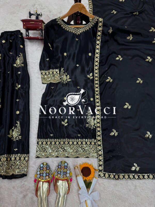 Shop Chinon Silk Embroidered Suit with Plazoo and Dupatta - Image 5