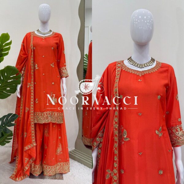 Buy Chinon Silk Embroidered Suit with Plazoo and Dupatta - Image 3