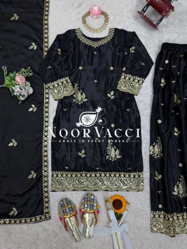 Shop Chinon Silk Embroidered Suit with Plazoo and Dupatta - Image 6