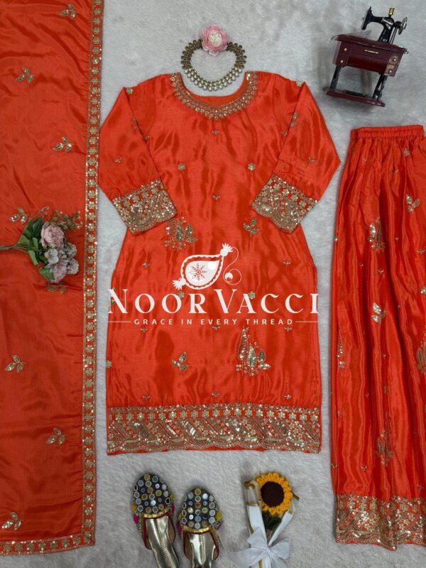 Buy Chinon Silk Embroidered Suit with Plazoo and Dupatta - Image 4