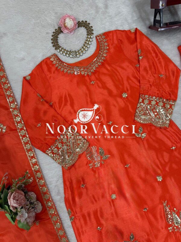 Buy Chinon Silk Embroidered Suit with Plazoo and Dupatta - Image 5