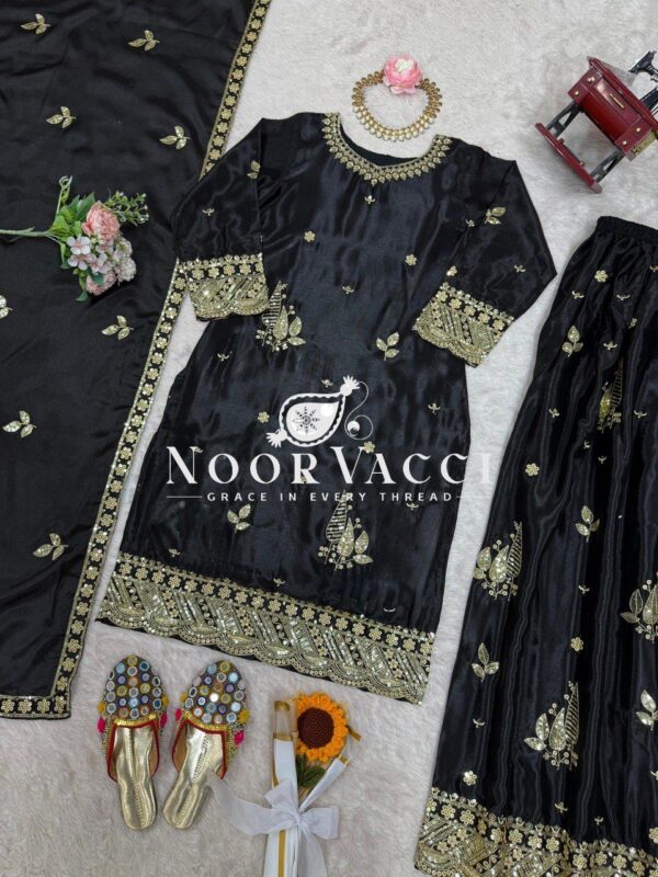 Shop Chinon Silk Embroidered Suit with Plazoo and Dupatta - Image 4