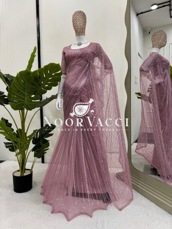 Buy Soft Net Embroidered Designer Saree with Matching Blouse - Image 6