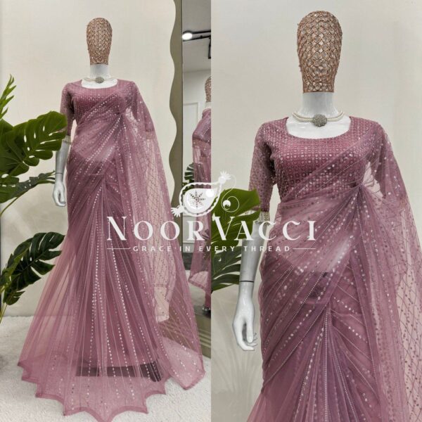 Buy Soft Net Embroidered Designer Saree with Matching Blouse - Image 7