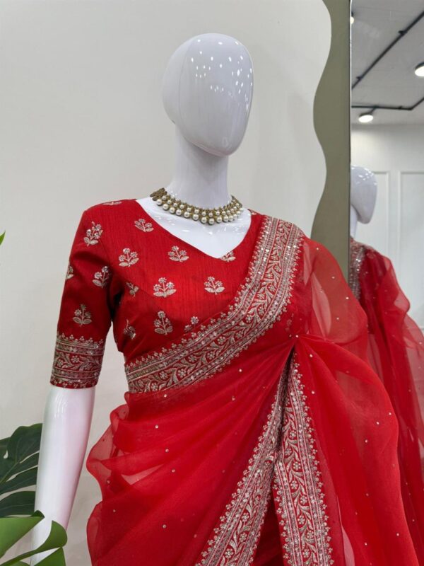 Shop Heavy Organza Silk Saree with Embroidery and Diamond Highlights - Image 5