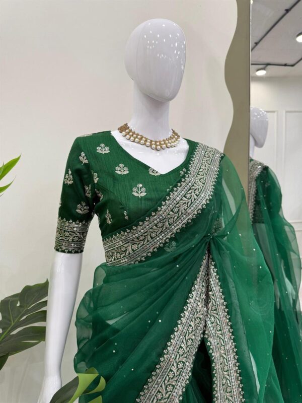 Buy Heavy Organza Silk Saree with Embroidery and Diamond Highlights - Image 5