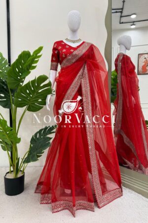 Shop Heavy Organza Silk Saree with Embroidery and Diamond Highlights