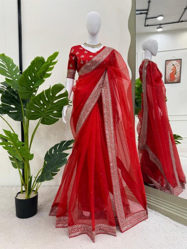 Shop Heavy Organza Silk Saree with Embroidery and Diamond Highlights