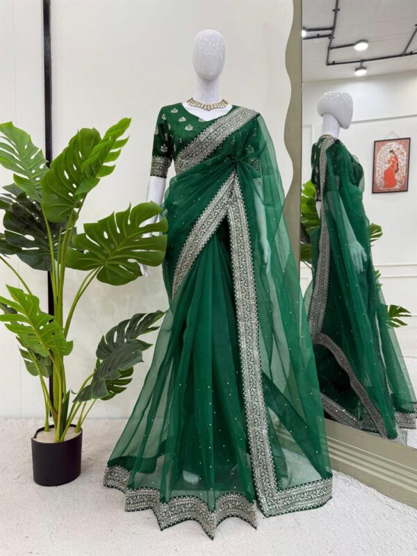 Buy Heavy Organza Silk Saree with Embroidery and Diamond Highlights