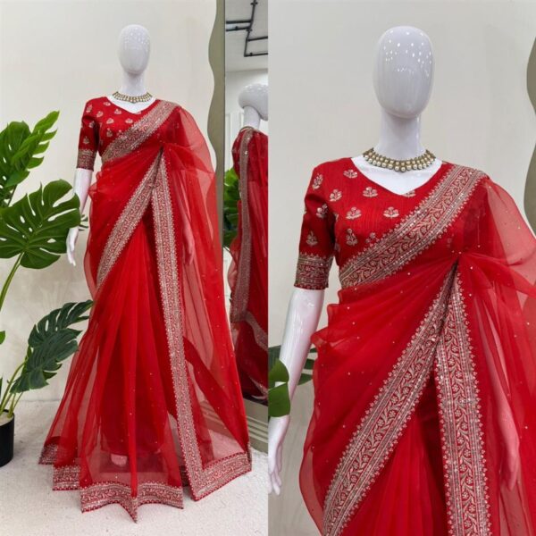 Shop Heavy Organza Silk Saree with Embroidery and Diamond Highlights - Image 2