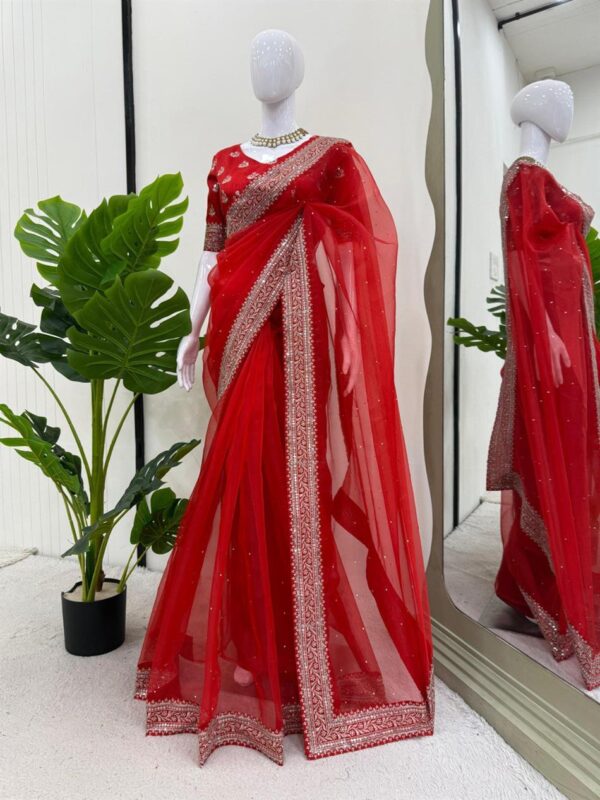 Shop Heavy Organza Silk Saree with Embroidery and Diamond Highlights - Image 3