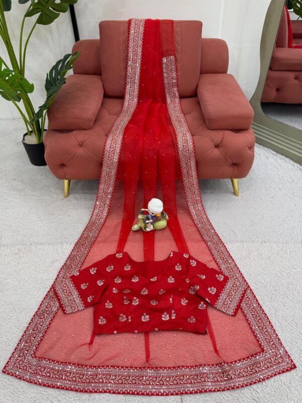 Shop Heavy Organza Silk Saree with Embroidery and Diamond Highlights - Image 4