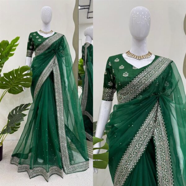 Buy Heavy Organza Silk Saree with Embroidery and Diamond Highlights - Image 7