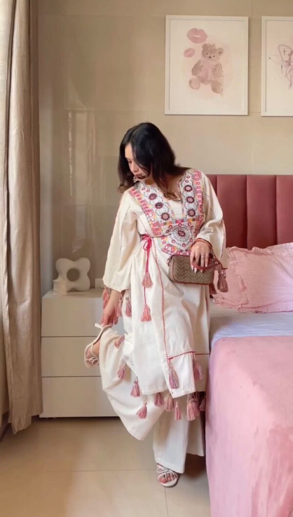 Buy Rayon Peplum and Bell Bottom Set with Real Mirror and Tassel Work - Image 8