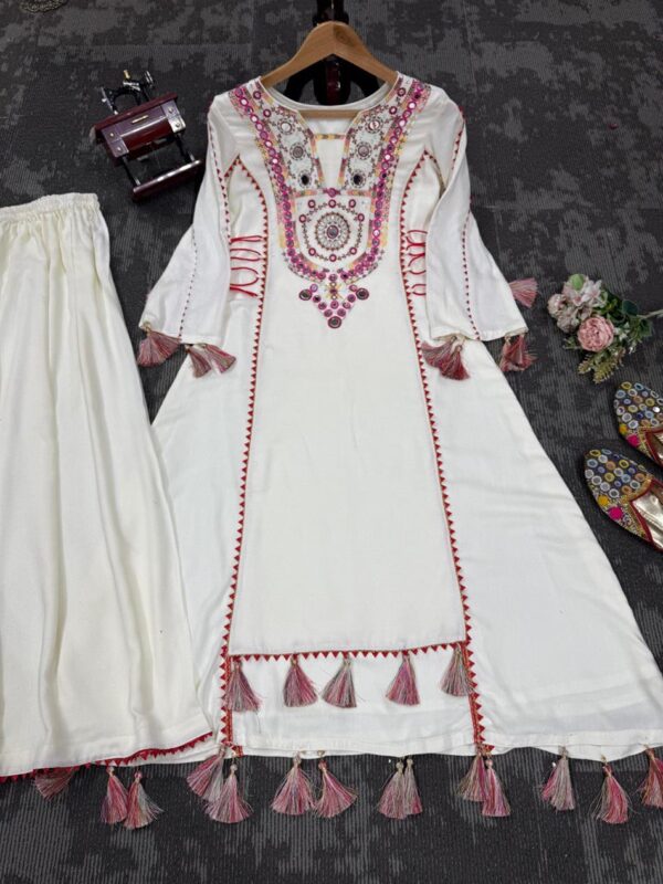 Buy Rayon Peplum and Bell Bottom Set with Real Mirror and Tassel Work - Image 7