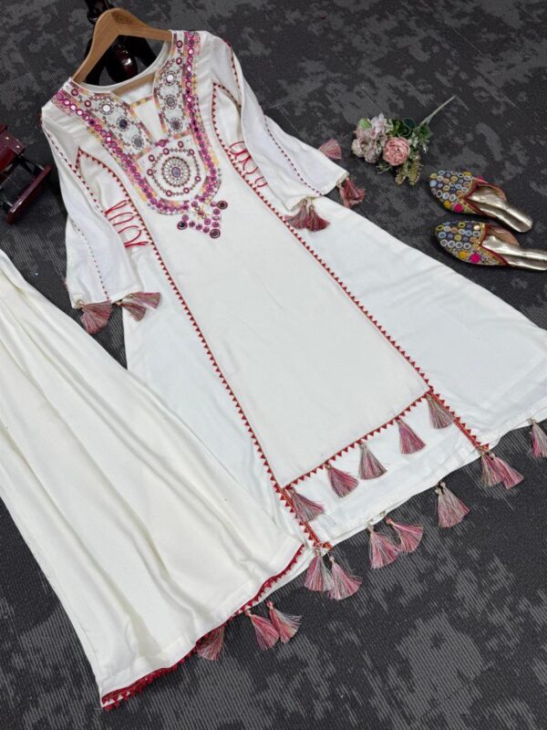 Buy Rayon Peplum and Bell Bottom Set with Real Mirror and Tassel Work - Image 2