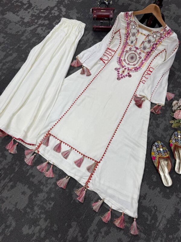 Buy Rayon Peplum and Bell Bottom Set with Real Mirror and Tassel Work - Image 5