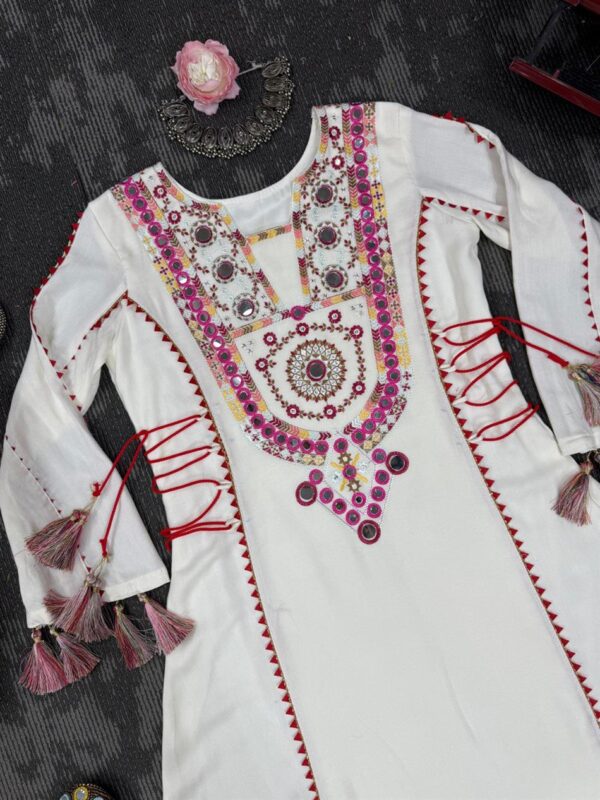 Buy Rayon Peplum and Bell Bottom Set with Real Mirror and Tassel Work - Image 3