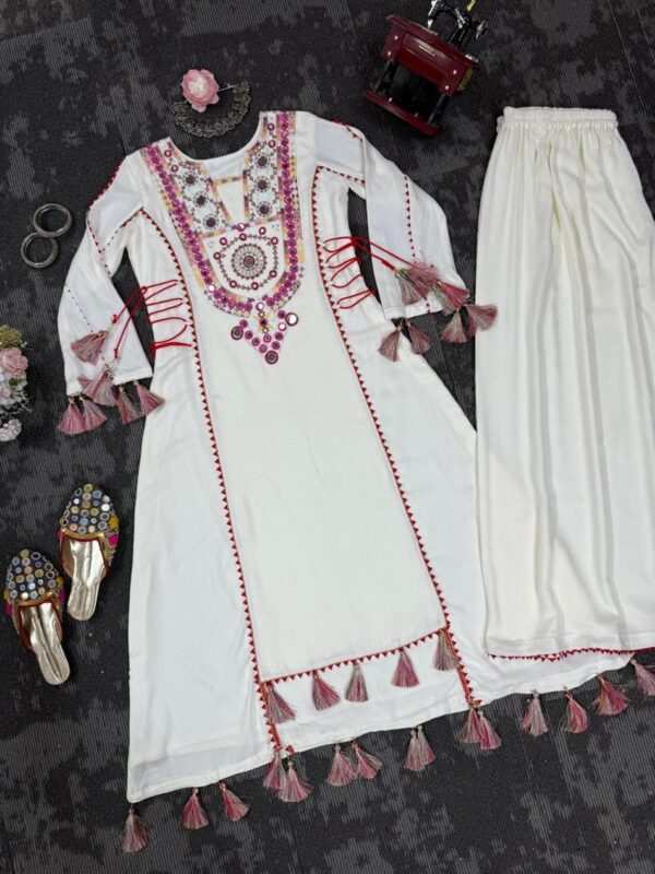 Buy Rayon Peplum and Bell Bottom Set with Real Mirror and Tassel Work - Image 6