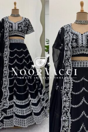 Shop Faux Georgette Embroidered Lehenga Set with Blouse and Dupatta