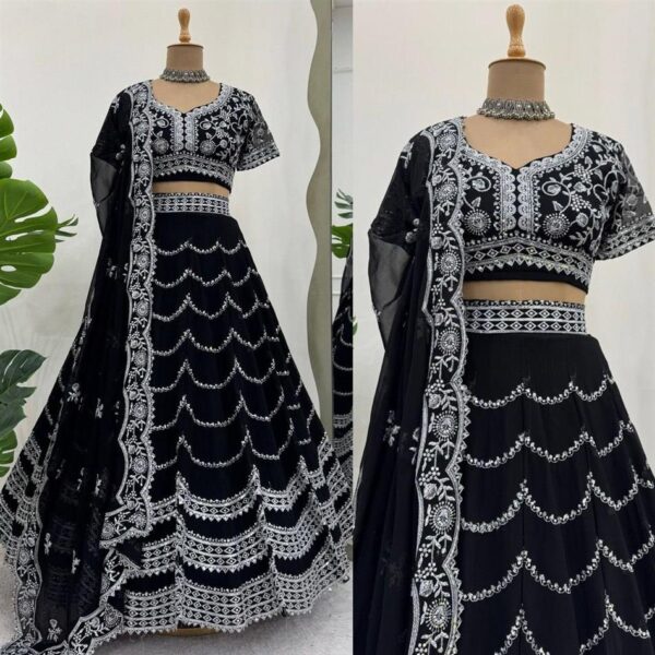 Shop Faux Georgette Embroidered Lehenga Set with Blouse and Dupatta