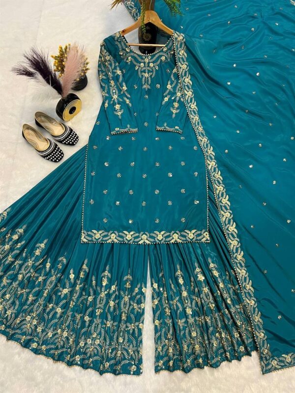 Buy Natural Crepe Silk Embroidered Sharara Plazo Set with Dupatta - Image 4