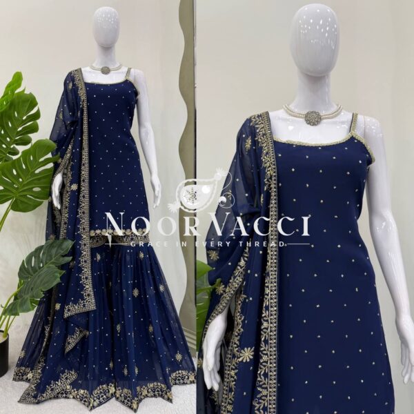 Buy Faux Georgette Thread & Sequin Embroidered Sharara Set with Dupatta - Image 3