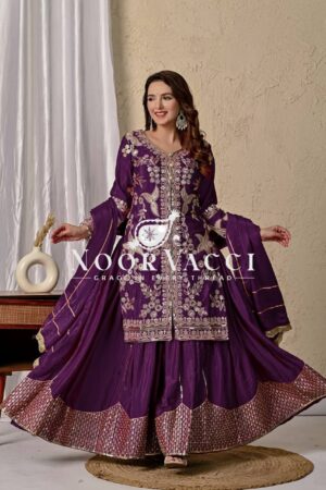 Shop Chinnon Silk Embroidered Sharara Set with Dupatta