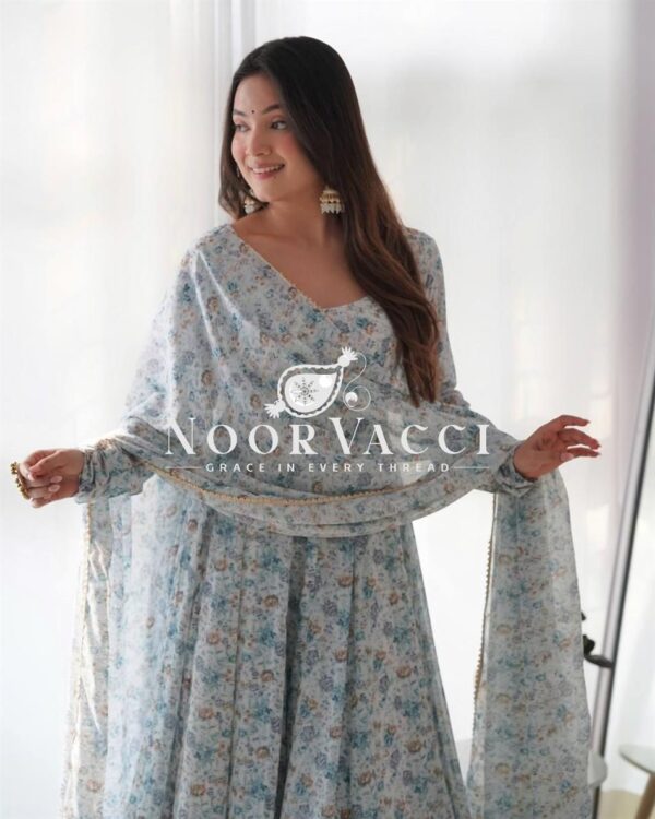 Buy Pink & Sky Orange Chiffon Floral Print Anarkali Set with Triangle Lace Dupatta - Image 6