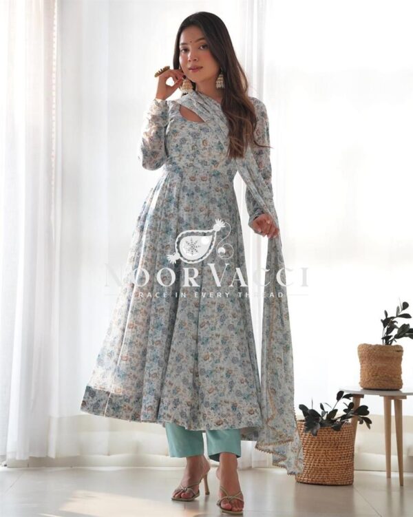 Buy Pink & Sky Orange Chiffon Floral Print Anarkali Set with Triangle Lace Dupatta - Image 4