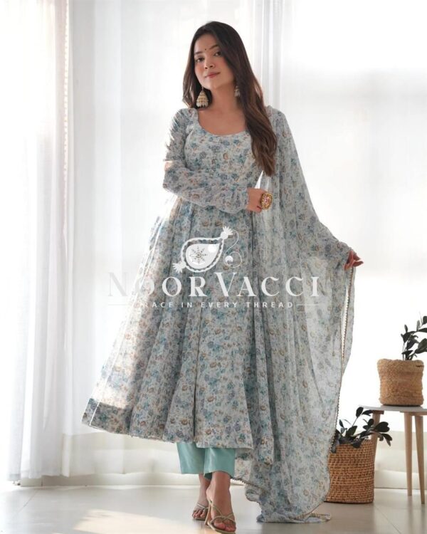 Buy Pink & Sky Orange Chiffon Floral Print Anarkali Set with Triangle Lace Dupatta - Image 2