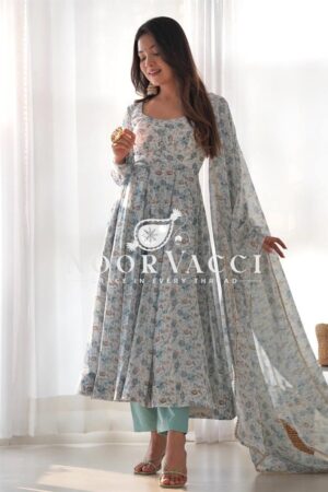 Buy Pink & Sky Orange Chiffon Floral Print Anarkali Set with Triangle Lace Dupatta