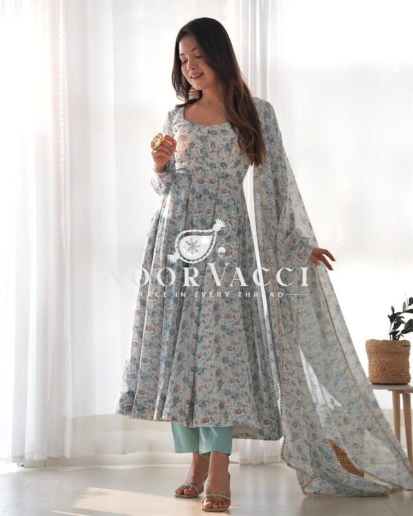 Buy Pink & Sky Orange Chiffon Floral Print Anarkali Set with Triangle Lace Dupatta