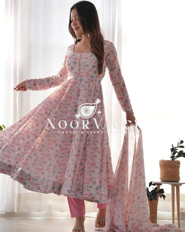 Buy Pink & Sky Orange Chiffon Floral Print Anarkali Set with Triangle Lace Dupatta - Image 8