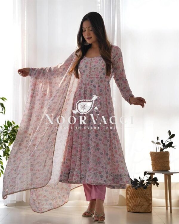 Buy Pink & Sky Orange Chiffon Floral Print Anarkali Set with Triangle Lace Dupatta - Image 7