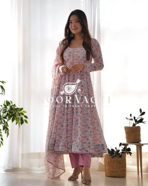 Buy Pink & Sky Orange Chiffon Floral Print Anarkali Set with Triangle Lace Dupatta - Image 2