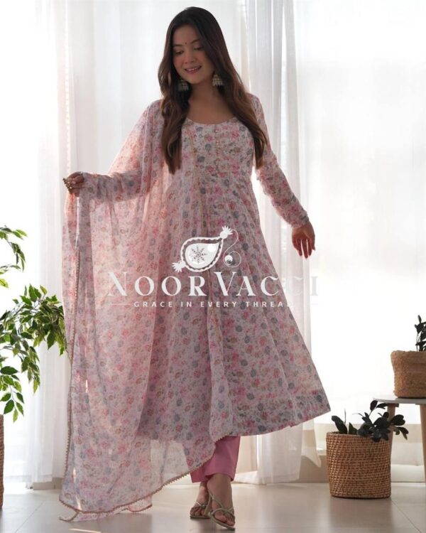 Buy Pink & Sky Orange Chiffon Floral Print Anarkali Set with Triangle Lace Dupatta - Image 6