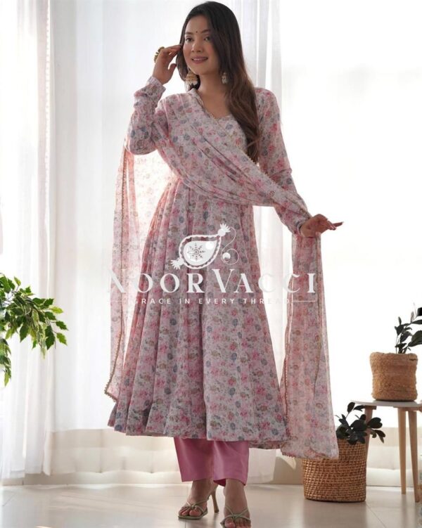 Buy Pink & Sky Orange Chiffon Floral Print Anarkali Set with Triangle Lace Dupatta - Image 4