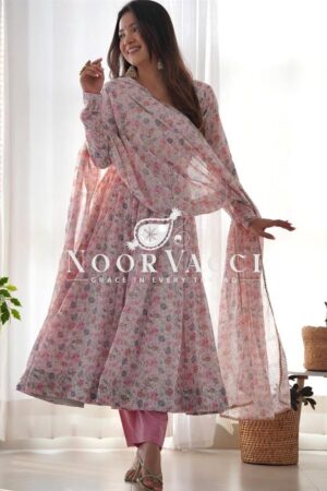 Buy Pink & Sky Orange Chiffon Floral Print Anarkali Set with Triangle Lace Dupatta